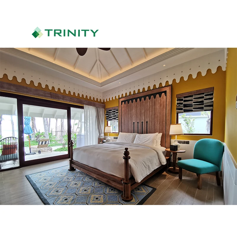 Custom Antique Style 5 Star Resort Project Wooden Bedroom Set Solid Wood Hotel Furniture