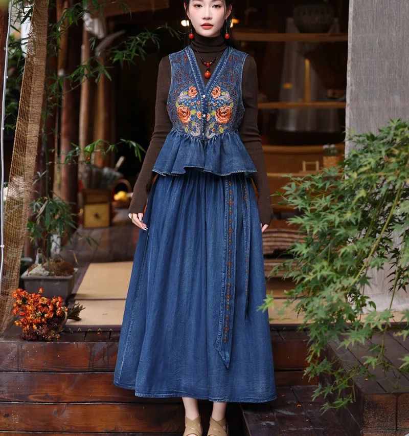 Custom Pleated Skirt Retro Embroidered Skirt Versatile Floral-Embroidered Washed Denim Jeans Women Casual Vintage Style Summer