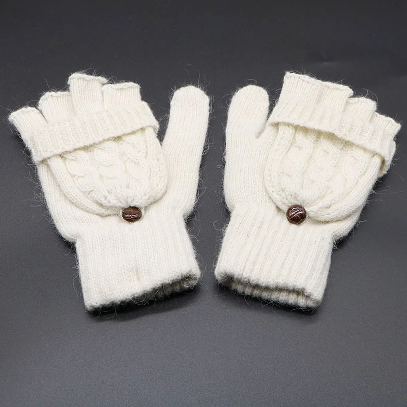 Women Ladies Winter White Fuzzy Wool Blended Cable Knitted Fingerless Gloves Warm Thick Warm Outdoor Jacquard Mitts