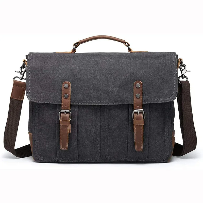 Mens Briefcases Messenger Bag Vintage Leather Waxed Canvas Waterproof Shoulder Bag for 15.6 Inch Laptop Bag