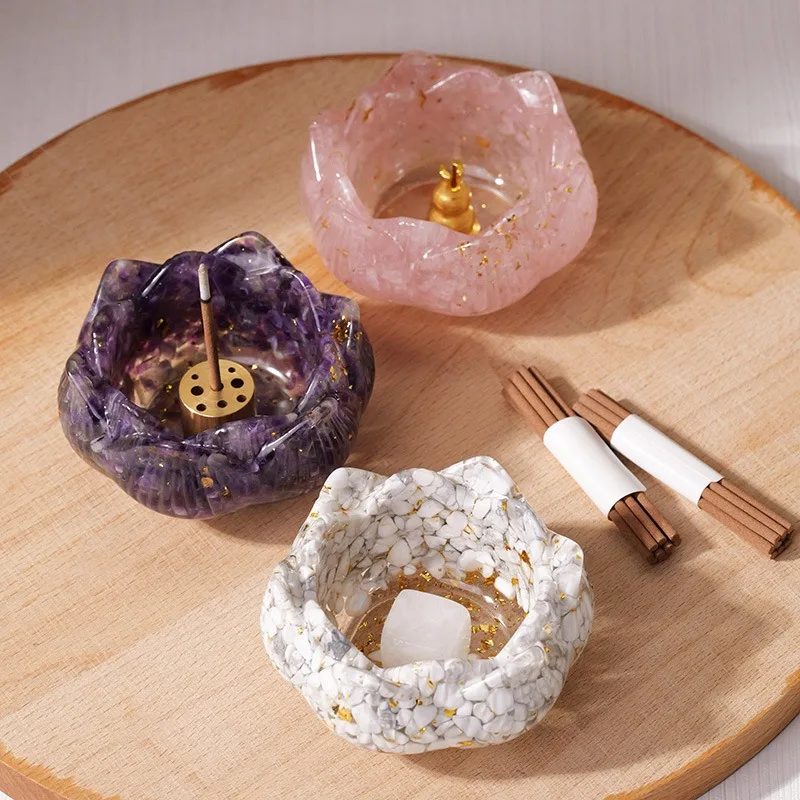 Handmade Crystal Chips Stone Resin Louts Flower Yoga Incense Tray Holder Natural Amethyst Stone Burner Ash Catcher Tray for Spa