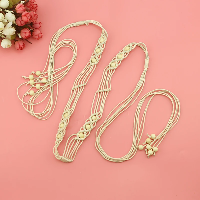 handmade braided cord belt with wood bead and fringe fashion belt