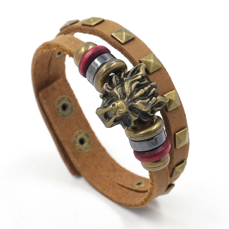 12 pcs Mixed Batches Vintage jewelry Rivet Domineering Wolf Head Decorative Brown Leather Snap Bracelet for Men