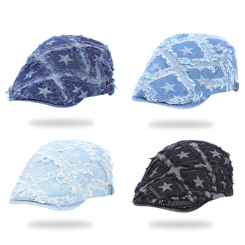 Unisex Denim Newsboy Hats Flat Ivy Gatsby Cabbie Driving Street Style Star Beret Cap
