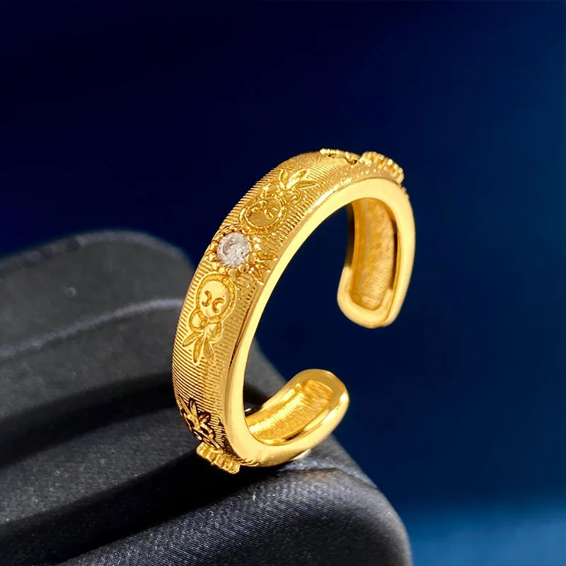 Palace Medieval Carved Brushed Inlaid Small Round Diamond Adjustable Women Ring