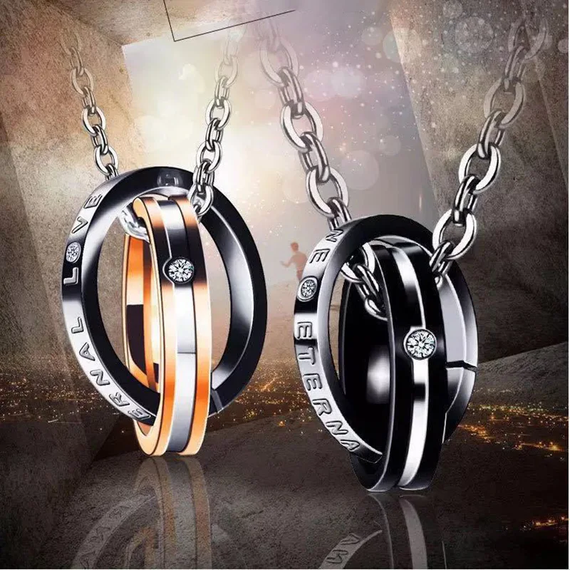 New Double Ring Lovers Pendant Necklace Carving Letters Fashion Accessories Stainless Steel Creative Jewelry For Men And Women