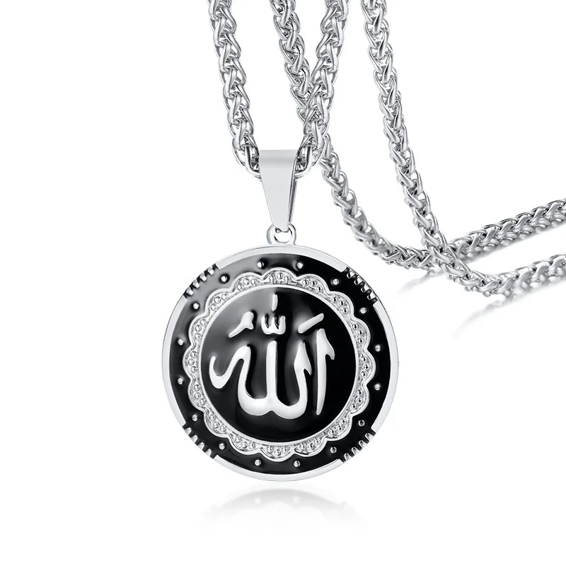 Wholesale Muslim Jewelry Stainless Steel gold necklace Zircon disc Pendant Customized Engraved Arabic Letter male necklace