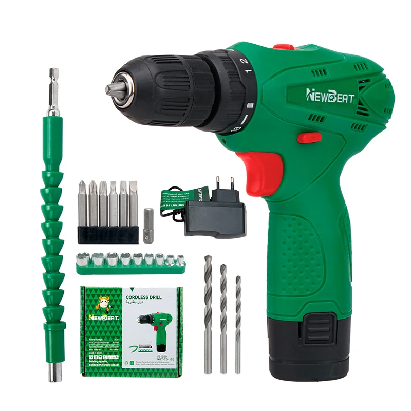 NewBeat Chinese 10mm Chuck Brush Motor 12V Lithium Power Drills Drive Battery Mini Cordless Drill Set