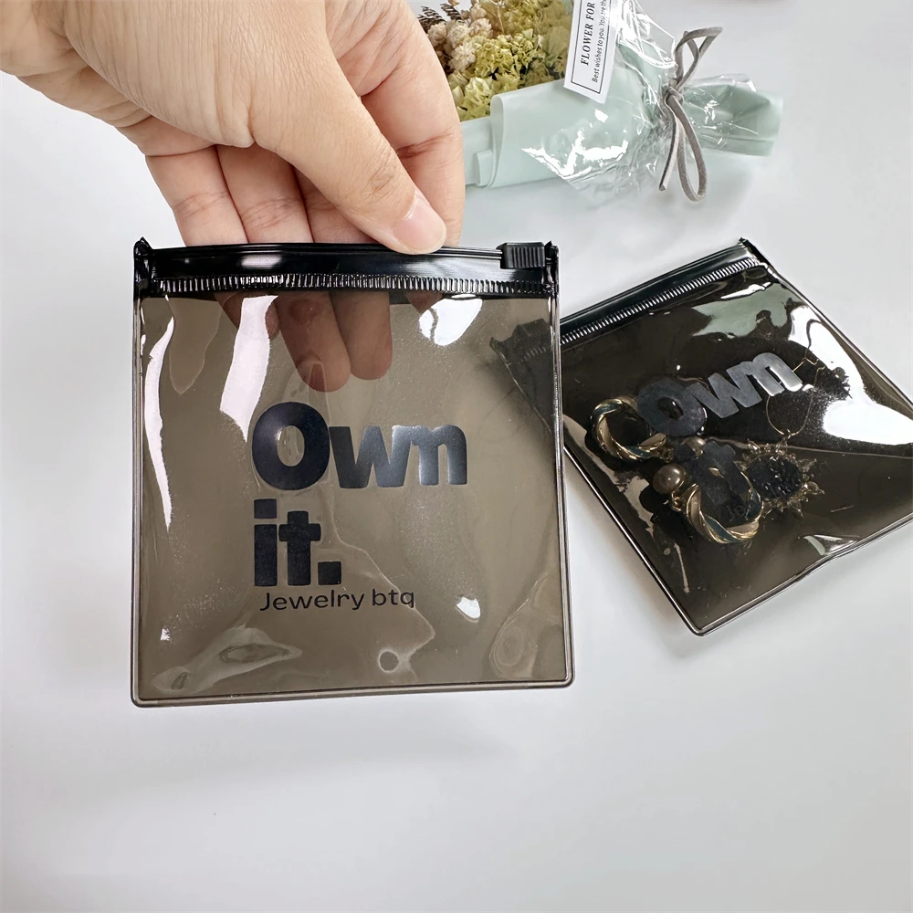 Luxury Brand Logo Small Translucent Black Zip Lock Packaging Bag Printed Plastic Jewelry Pouch Custom PVC Zipper Bag For Jewelry