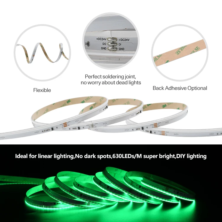 RGBIC Cob LED Strip 630Chips 10Mm Wide IP20 Programmable Side Emitting Dc24V Sequence Copper Programmable Rgb Led Edge Light Cob
