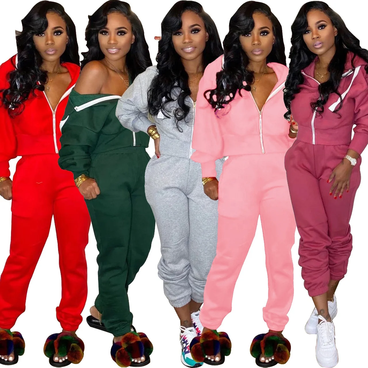 Fast Shipping Custom Logo Velour Fitted Pink 2 Piece Top and Jogger Tracksuit Sweatsuit Sets