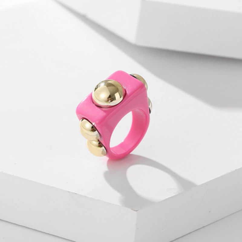  Punk Gold Bead Transparent Resin Acrylic Square Rings for Women Trendy Big Geometric Round Chunky Finger Jewelry