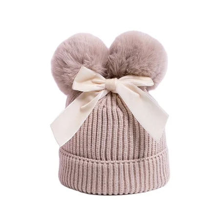 Custom 6-36 Months Old Winter Warm Knitted Baby Hat Girls Cotton Lined Infant Toddler Hat Autumn Cute Bow Classic Beanie Hats
