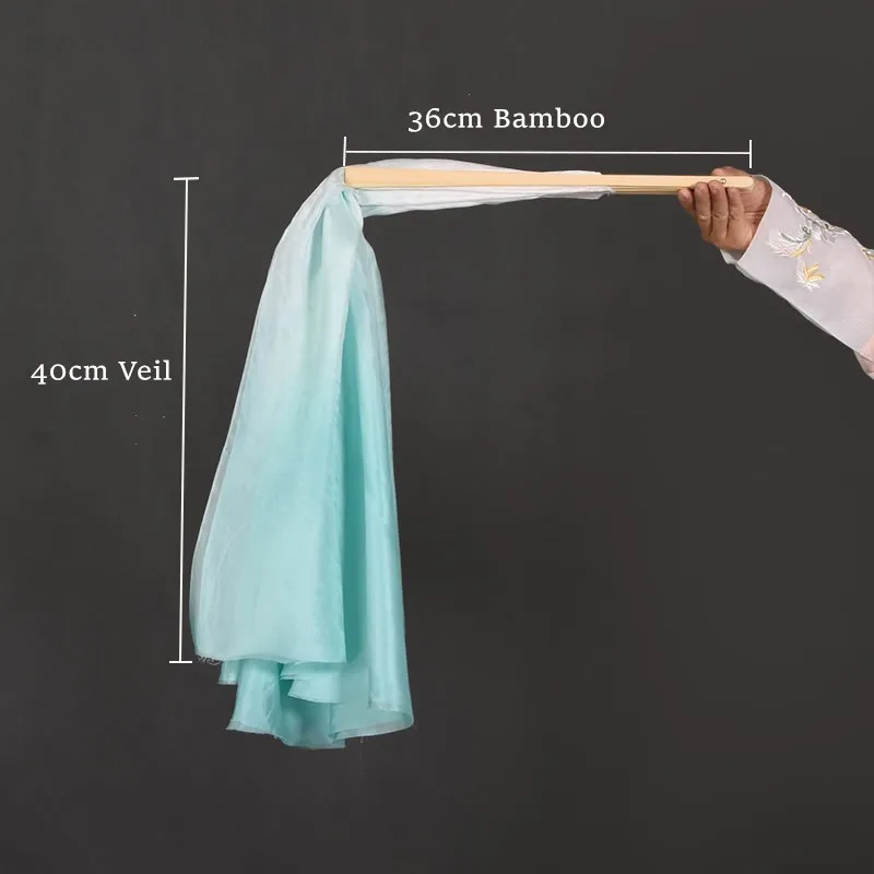 86cm(36cm Bamboo 50cm Veil) Real Silk Veil One Pair Bellydance Chinese Folk National Dancer Performance Props White Mint Light