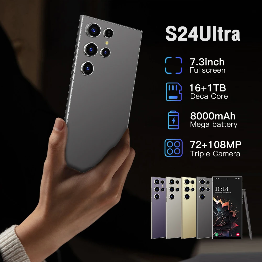 2025 Ultra 5G S24 Smart Phone Android 14 Hot Selling S Pen Facial Recognition Fingerprint Unlock LTE 4K Mobile English Operating
