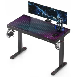 Music Sync RGB LED Lights Up Glass Gaming Standing Desk, Electric Height Adjustable Sit Stand Home Office Computer Studio Table