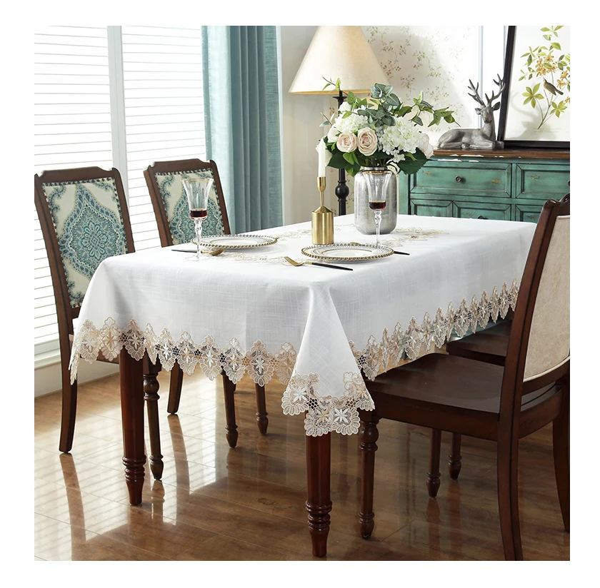 Wholesale fancy Embroidered lace Table Runner wedding party Rectangular white linen table cloths