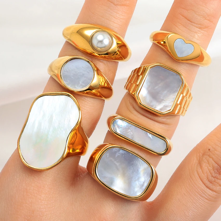 Minos Fashion Mother of Pearl Dome Ring Sets Jewelry Gold Stainless Steel Heart Round Square Multi Style White Shell Ring