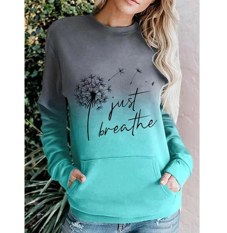 
Kangaroo Pocket Shade Sweatshirt Just Breathe Letter Dandelion 
