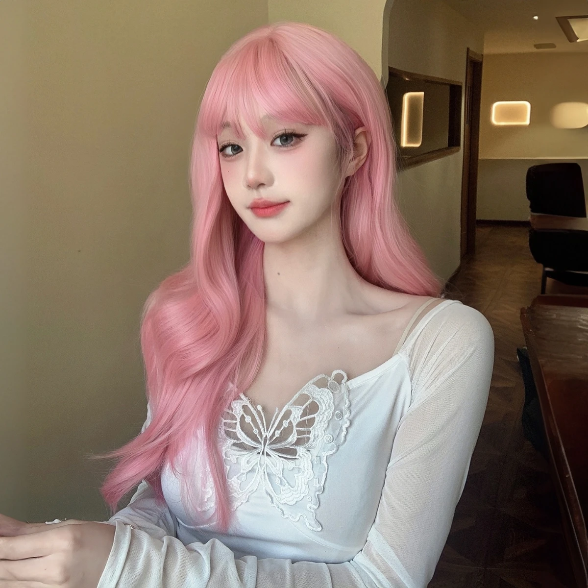 Anxin Long Natural Wavy Pretty Pink Synthetic Wigs with Bangs for Women Daily Use Cosplay