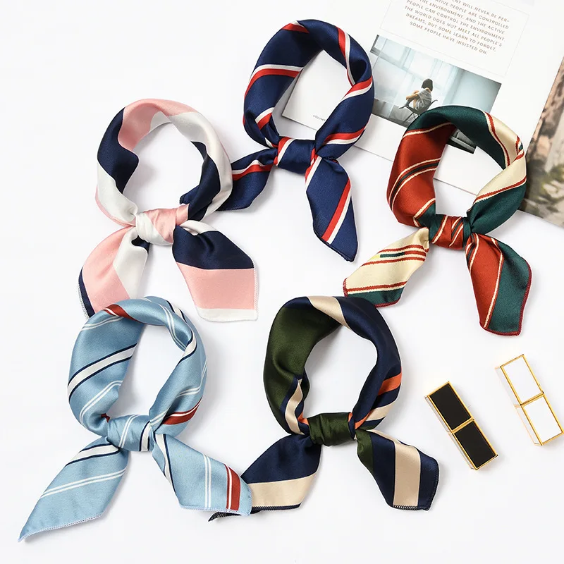 50x50cm Wholesale Print Wrap Foulard Handkerchief Bandana Neck Skinny Tie Scarves Shawls Women Small Square Satin Silk Scarf