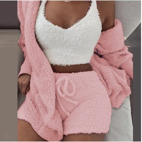 Winter polyester fiber sexy plush thick homewear leisure long sleeve vest shorts suit 3 piece pajama set women