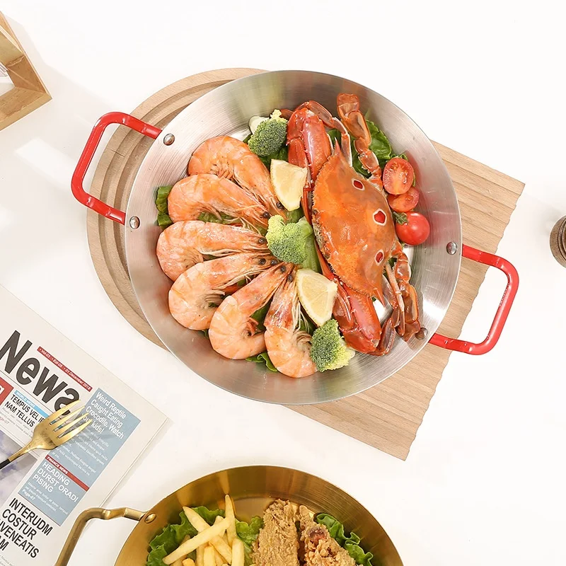 Popular Wholesale Korean Spanish Paella Pan Stainless Steel Restaurant Non Stick Seafood Pot With Double Handle
