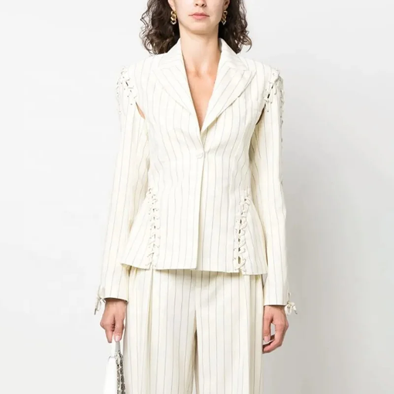 OUDINA New Fashionable Ladies Suit Jacket Lace-up Design Waist Striped Slimming Women Blazer