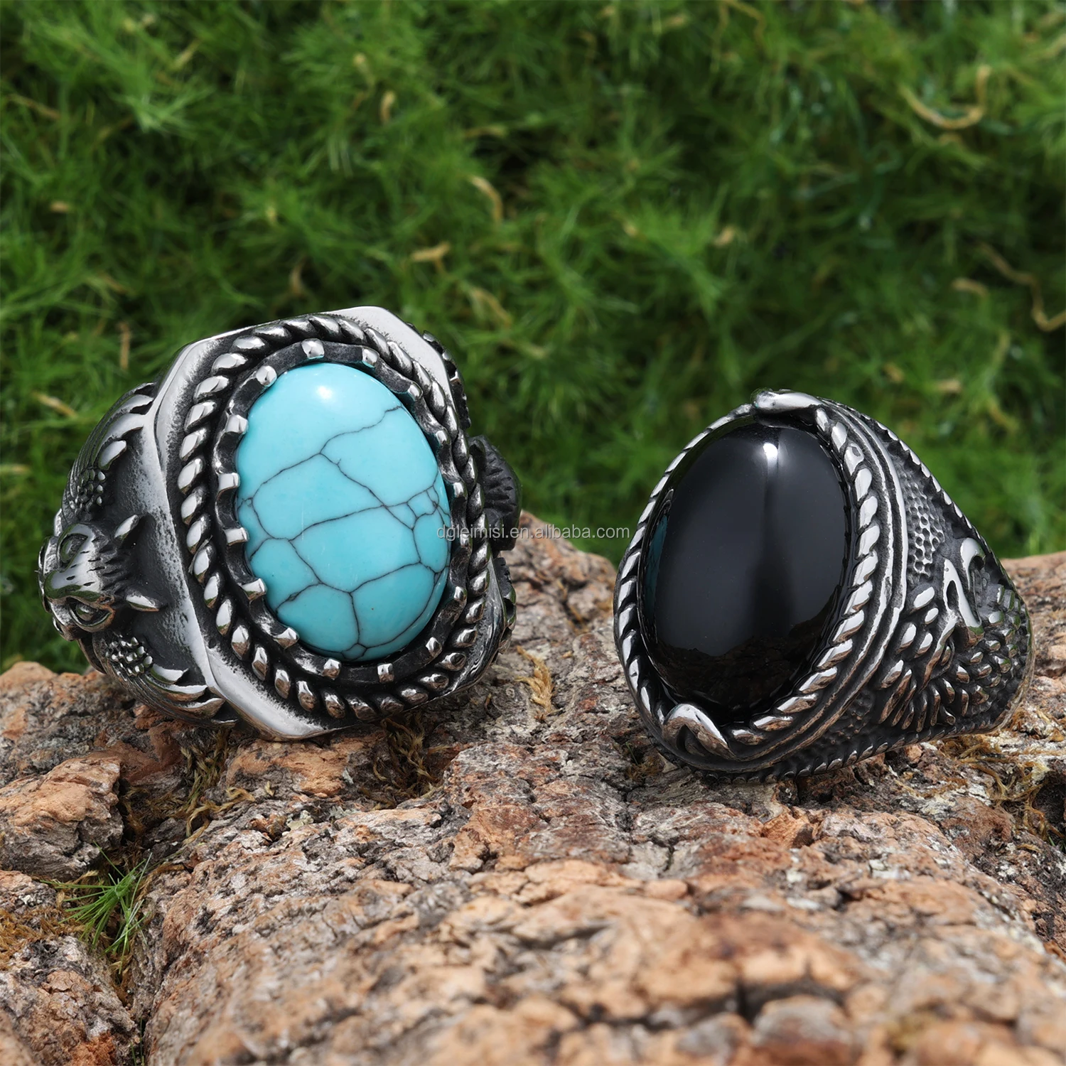 Stainless Steel Eagle Curved Inlaid Black Agate Arabic Man Wedding Engagement Band Ring Natural Tiger Eye Stone Rings for Men