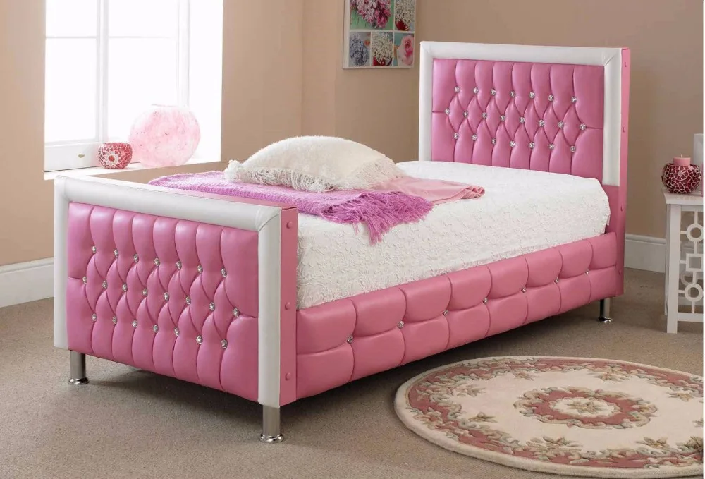 Girl Style Pink  Comfortable Faux Leather  Diamond Platform Bed Frame With Metal Legs