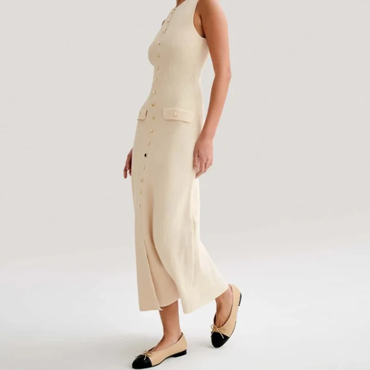 2024 New Sleeveless Vest Long Dress for Women Metal Buckle Decorated Knitted Sweater Dresses Boutique Clothes Factory Wholesale