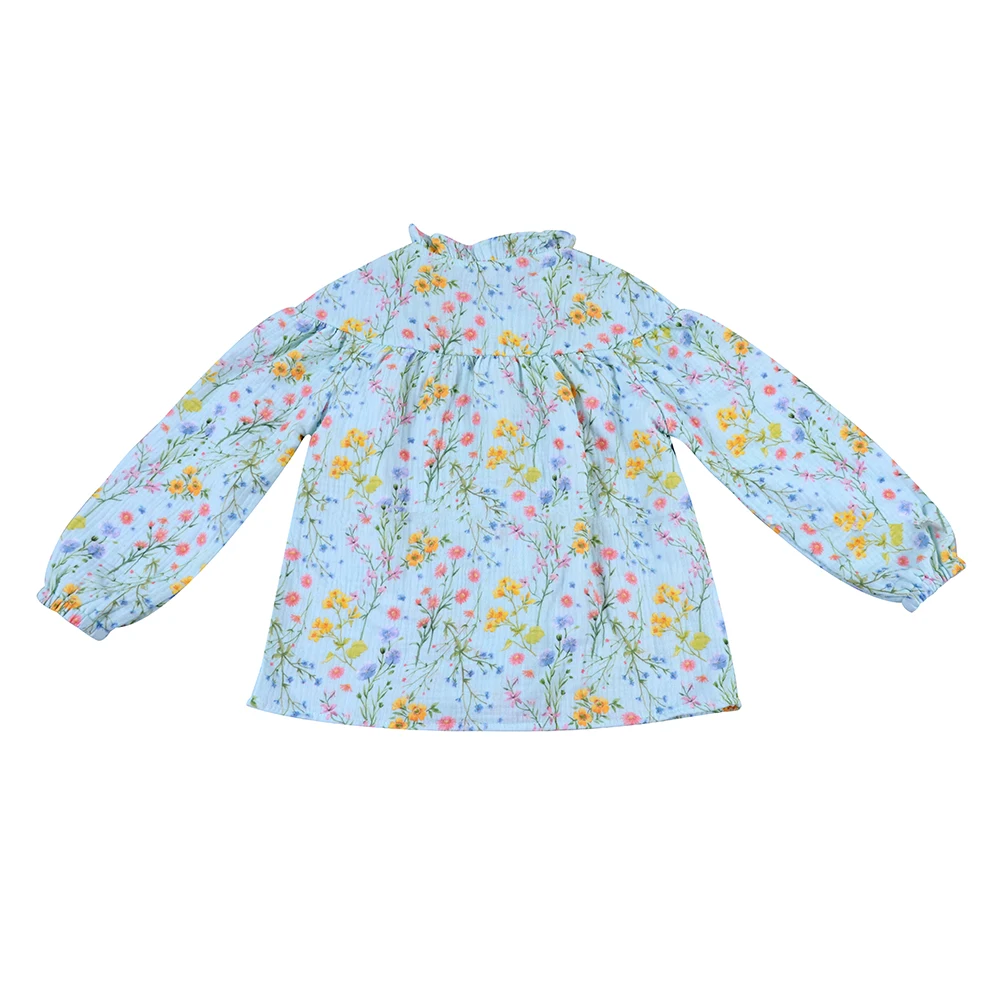 New Material Muslin Cotton Long Sleeves Floral Button Up Shirts Blouses for Toddler Girls Tops Shirts Clothing