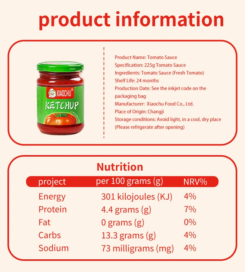 hight quality organic tomato and pasta sauce made in china glass jar 225g made from fresh tomato