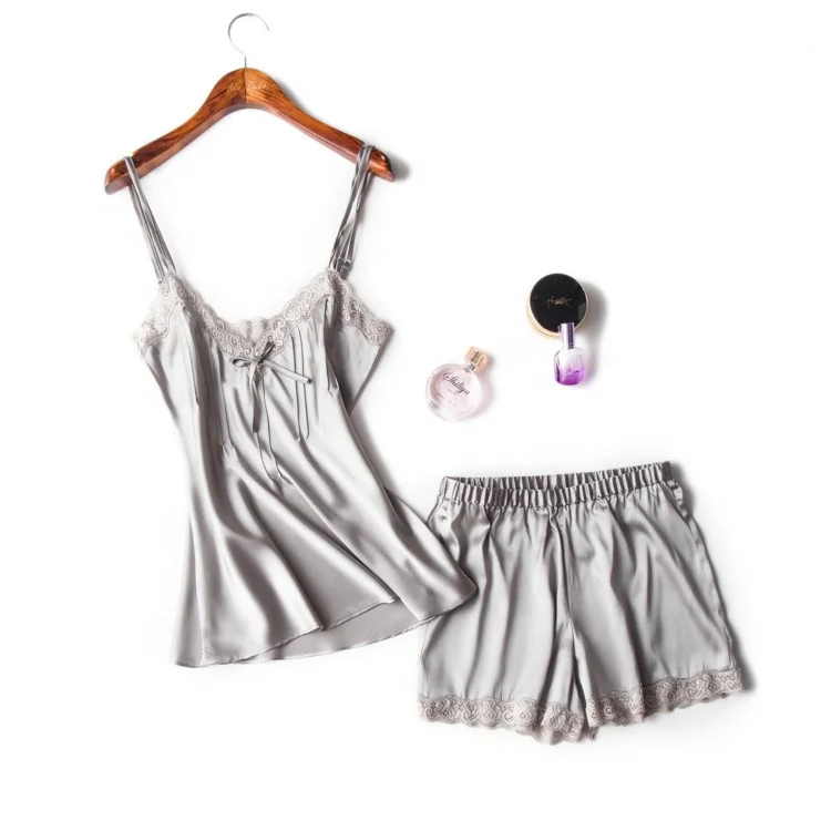 Luxury women strip pajamas silk with lace lady sleeping wear