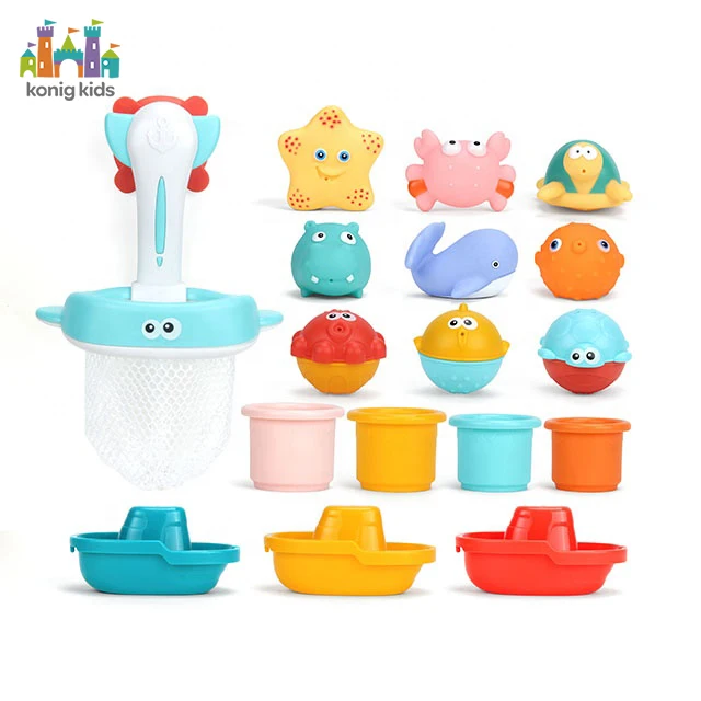 Konig Kids OEM/ODM Bath Toy Animal 17 PCS Baby bath Floating Toy Set Rubber Bath Toys Stacking Cups Bringing A Fishing Net Anima