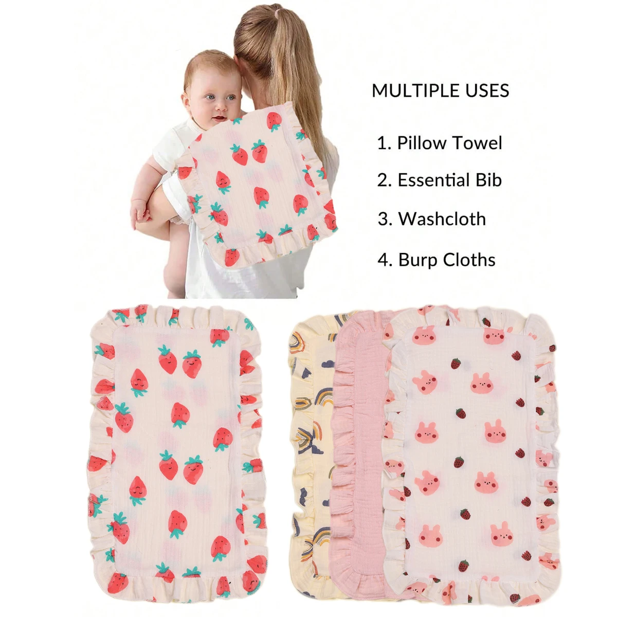 Wholesale Blank Ruffle Burp Pad Monogrammed White 100% cotton High Quality Factory Directly Infant Ruffle Trim Ruffle Burp Cloth