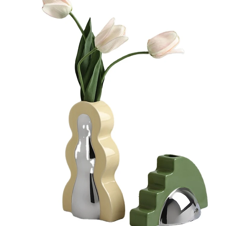 Memphis Contrast Ceramic Vase Silver Plated Yellow Flower Vases Decor Other Home Decor Christmas Gift Valentines Day