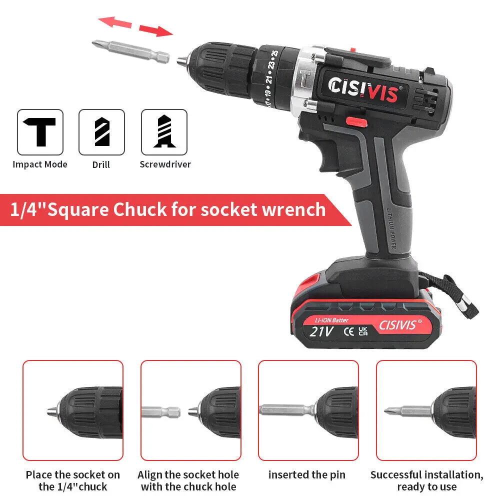 21V 3-in-1 Cordless Power Hammer Drill Set Variable Speed Electric Impact Combi Drill Electric Screwdriver Tools Industrial DIY