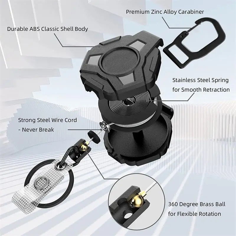 High Quality Heavy Duty Easy Pull Reel Buckle Steel Cable Anti-Lost Badge Holder Strong Carabiner Retractable Key chain