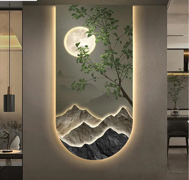 Light luxury night sky pine landscape crystal porcelain modern glass wall paintings with led home decor for living room