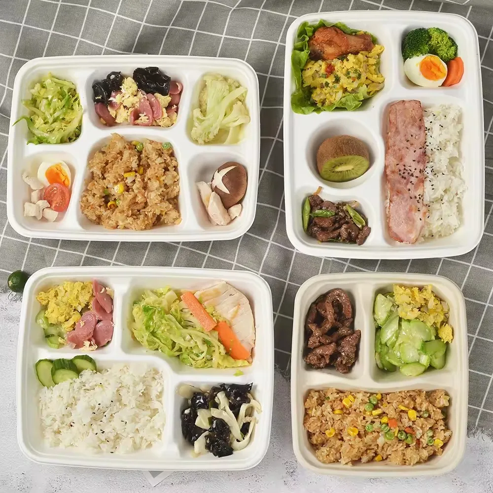 OEM Service Eco-Friendly 4 Compartment Compostable White Disposable Bagasse Tableware Plates Sugarcane Tray