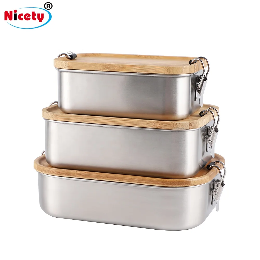 Новый дизайн, коробка для ланча из нержавеющей стали 304 с бамбуковой крышкой, прямоугольная конструкция, хорошая герметичность, простое здоровье, подходит для школы