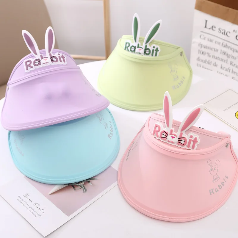 Wholesale 2-6years Solid Plain Cute Child Rabbit Ear Promotional Sun Summer Plastic Ponytail Beach Hat For Kids Girls Visor Cap