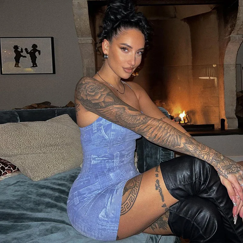 Y2k Blue Denim Print V Neck Bodycon Short Dresses Sexy Night Club Outfits Summer Dress Women Vintage