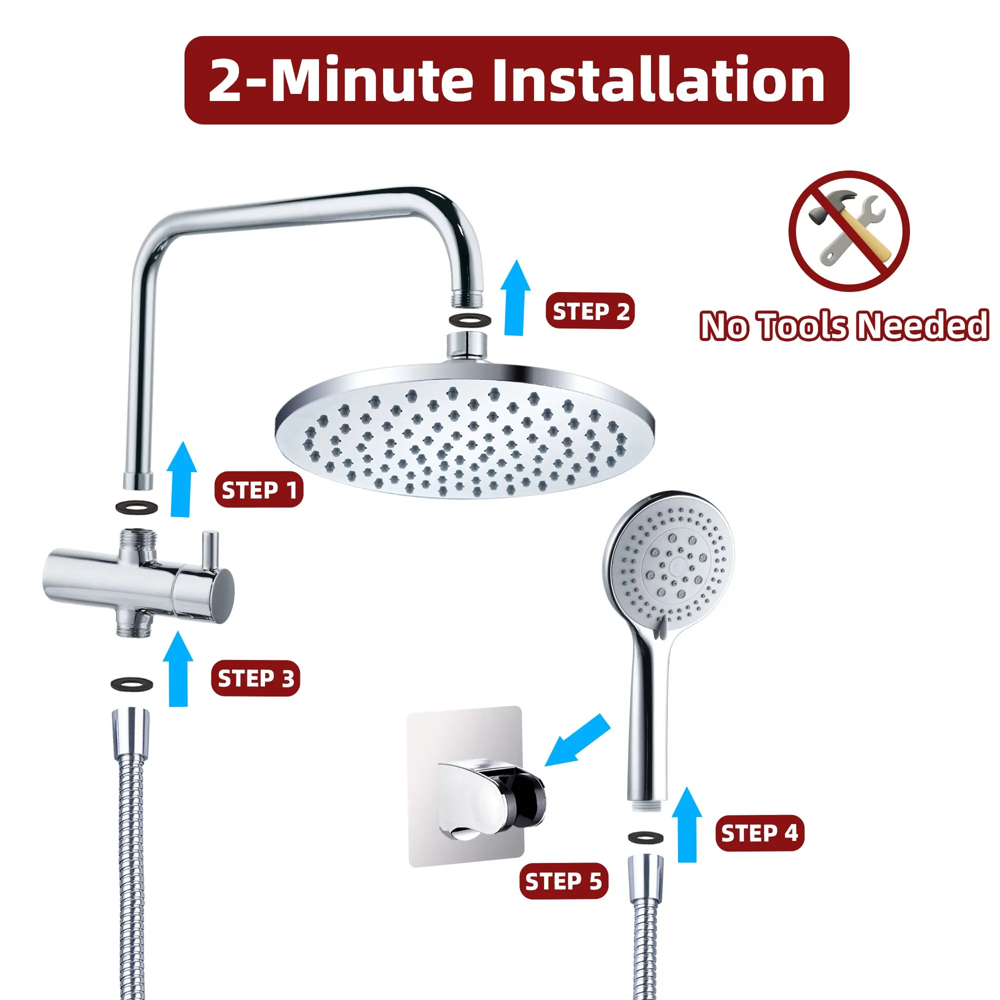 Adjustable Shower Set With 8 Inch High Pressure Rain Shower Head  And 5 Settings Handheld  Shower Spray With 1.5-1.8 m Long Hose
