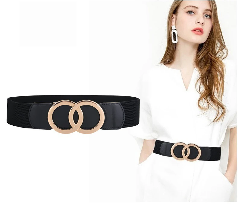 Fashion Gold Double O-Ring Buckle Wide Stretch Elastic Leather Women Waist Belts