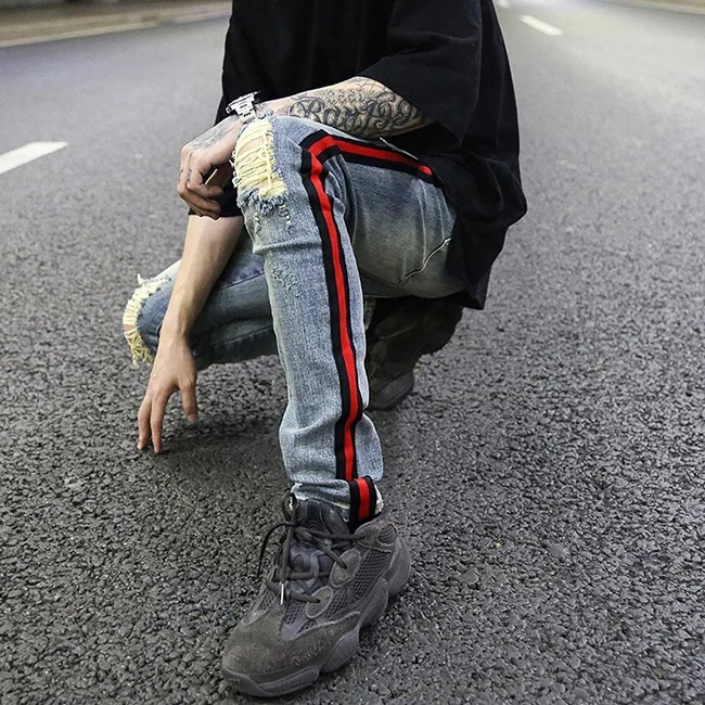 
OEM vintage washed stock dropshipping ripped distressed men track skinny denim jeans pants 