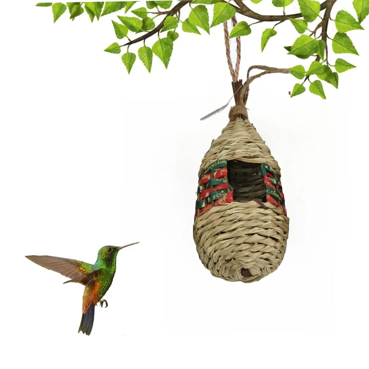 Hand-woven grass rope hummingbird hut bird nest villa style garden pendant bird feeder
