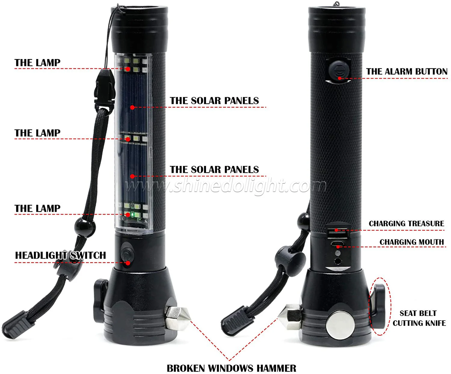 Handheld Solar Powered 2000mAh Flashlights with 120dB Alarm Sound USB Rechargeable Waterproof Flashlight