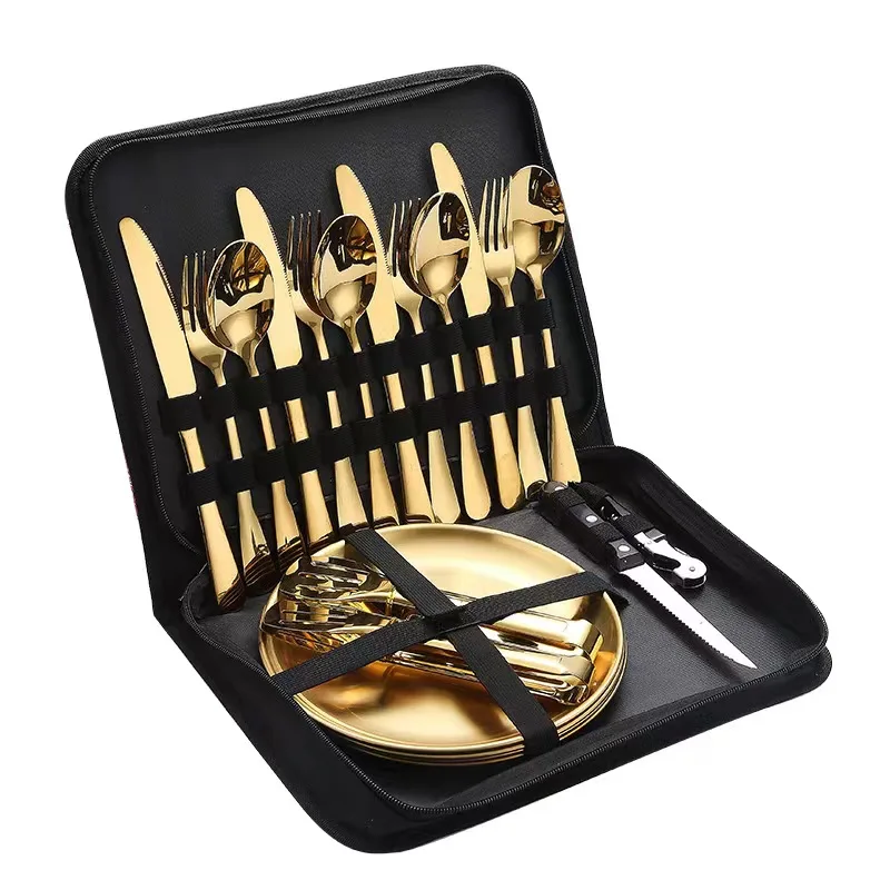Jetshark Stainless Steel Camping Kitchen Tableware Camping Picnic Western Food knife Fork Spoon Plate Set Portable Cloth Bag Set